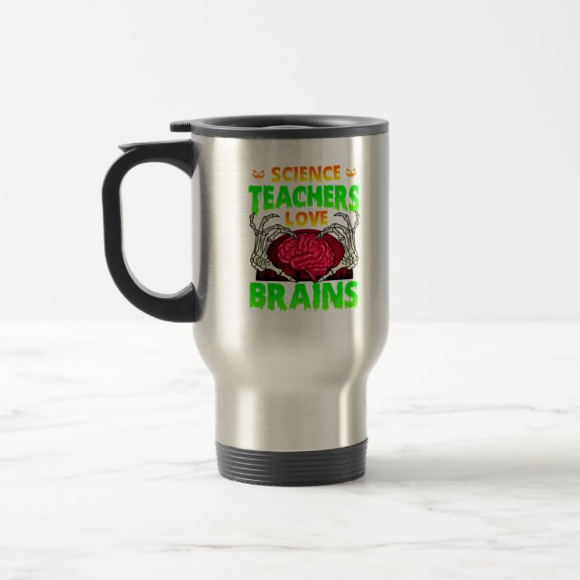 Teachers Brains Skeleton Hand Heart Halloween Travel Mug (Left)