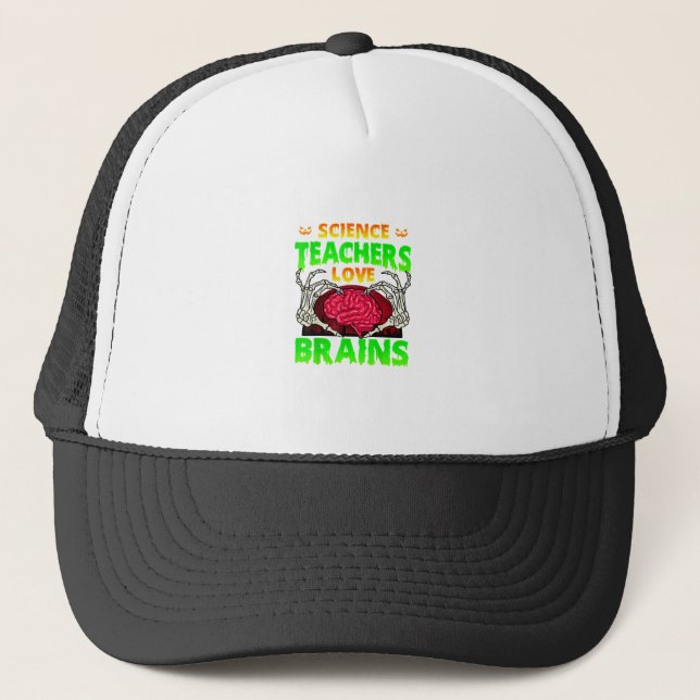 Teachers Brains Skeleton Hand Heart Halloween Trucker Hat (Front)