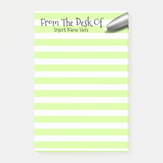 Teachers desk pen name lined green post-it notes (Front)