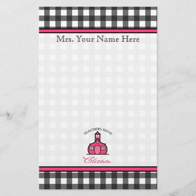 Teachers Have Class - Charcoal Grey Gingham Stationery (Front)