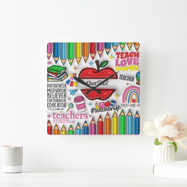 Teachers: Inspire, Grow,  Minds ,Hearts Square Wall Clock (Home)