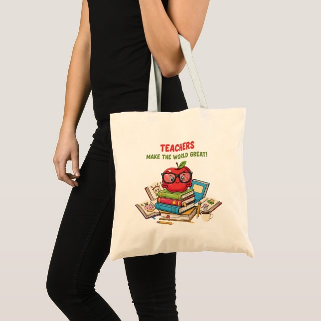 "Teachers Make The World Great" Cute Apple  Tote Bag (Front (Product))
