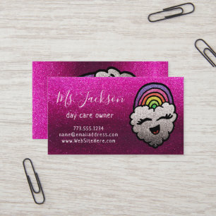 Teacher's Name Rainbow Glitter Heart Cloud Kids Business Card