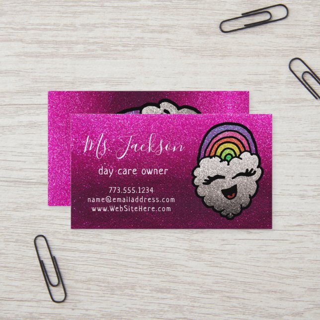 Teacher's Name Rainbow Glitter Heart Cloud Kids Business Card (Front/Back In Situ)