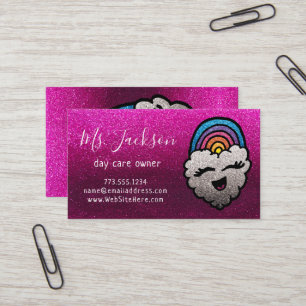 Teacher's Name Rainbow Glitter Heart Cloud Kids Business Card