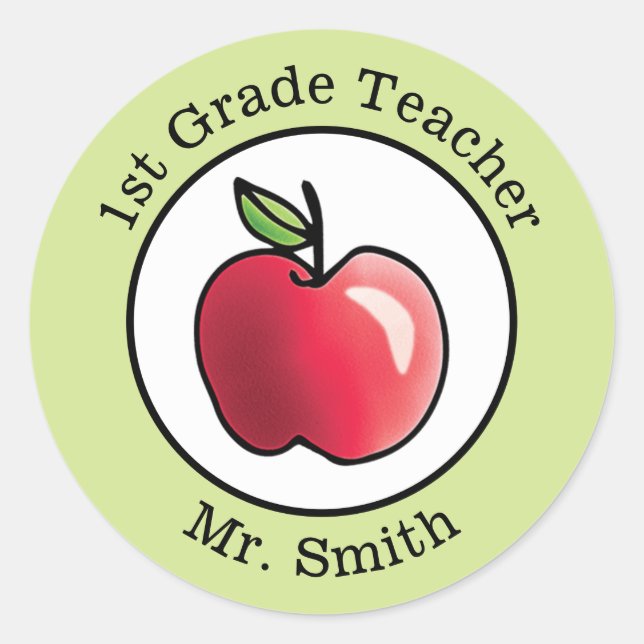 Teacher's Name Red apple Personalised Classic Round Sticker (Front)