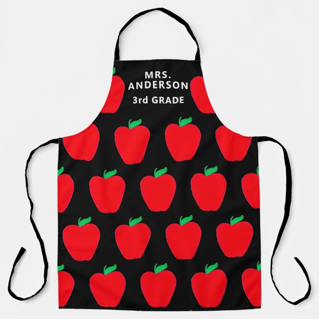 Teacher's Red Apples On Black Personalised Apron (Front)