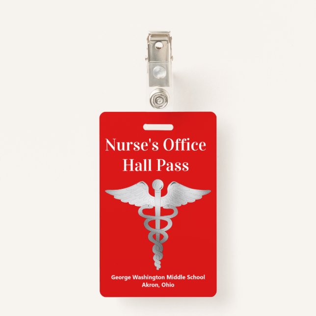 Teachers School Nurse Hall Pass Badge ID Badge (Back with Clip)