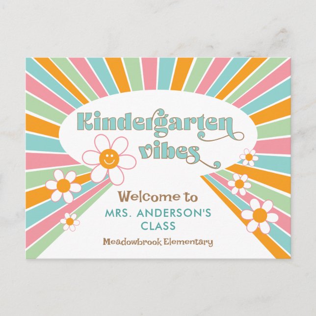 Teacher's Welcome to Kindergarten 70s Retro Postcard (Front)