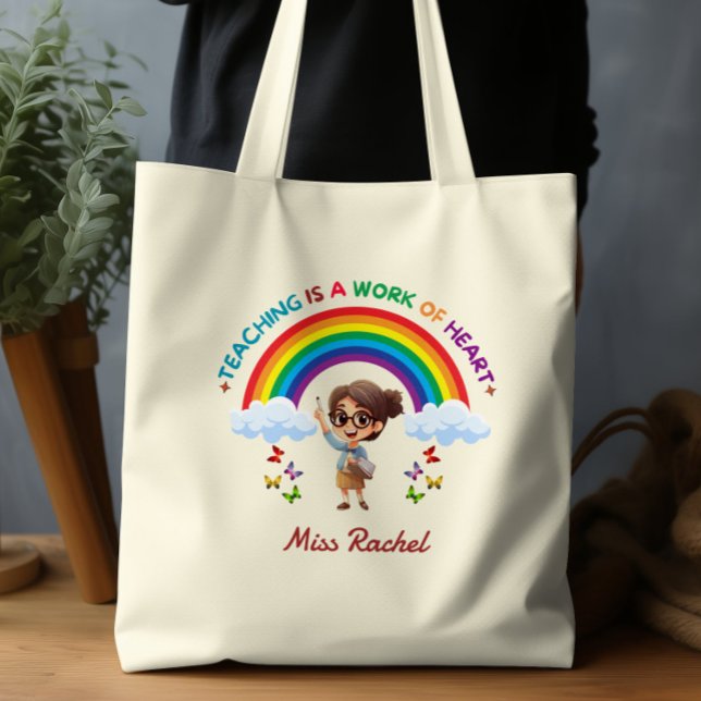 Teaching Is a Work of Heart Cute Rainbow Teacher Tote Bag (Creator Uploaded)