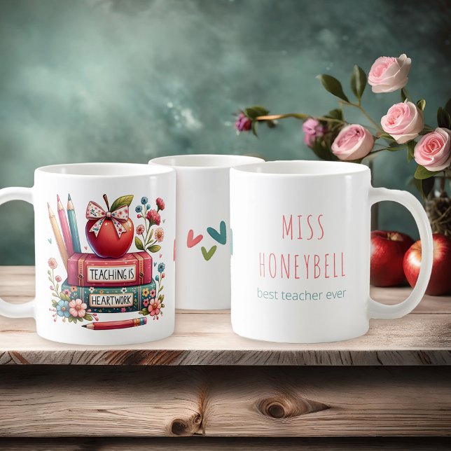 Teaching is Heartwork Colourful Personalised Mug (Teaching is Heartwork personalized gift for school teacher)
