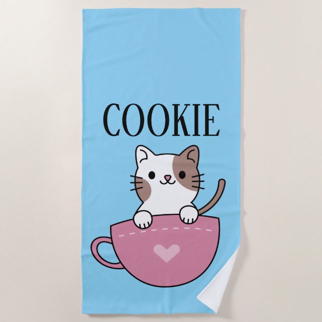 Teacup Cat Pesonalized  Beach Towel (Front)