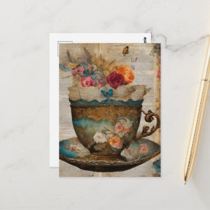 Teacup Collage Mixed Media Fantasy Postcard