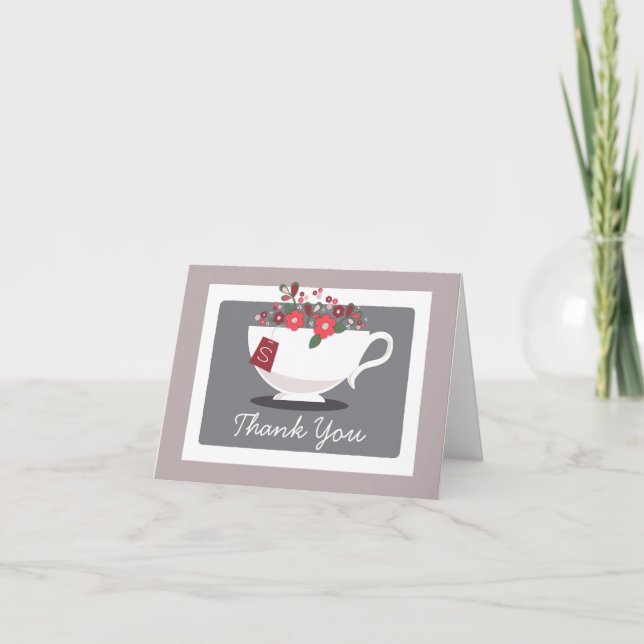 Teacup Coral Floral Thank You Card (Front)
