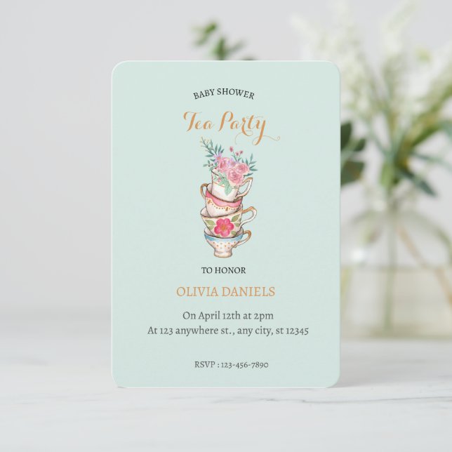 Teacup Floral Baby Shower Tea Party Invitation (Standing Front)
