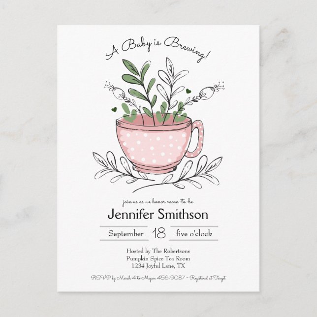 Teacup Floral Hand-drawn Tea Party Baby Shower Invitation Postcard (Front)
