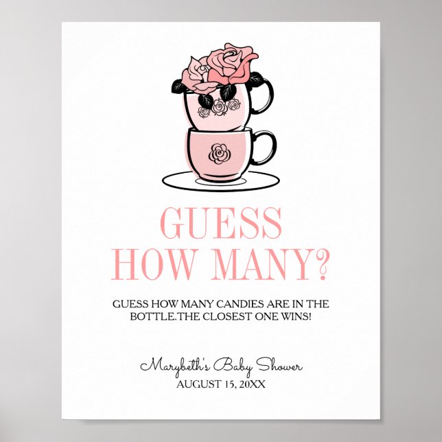 Teacup & Flowers Baby Shower Guess How Many Game Poster (Front)