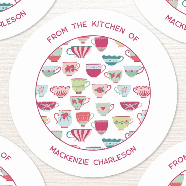 Teacup Modern Business Classic Round Sticker (Vintatge teacups pattern custom text From the Kitchen of personalized small business stickers)