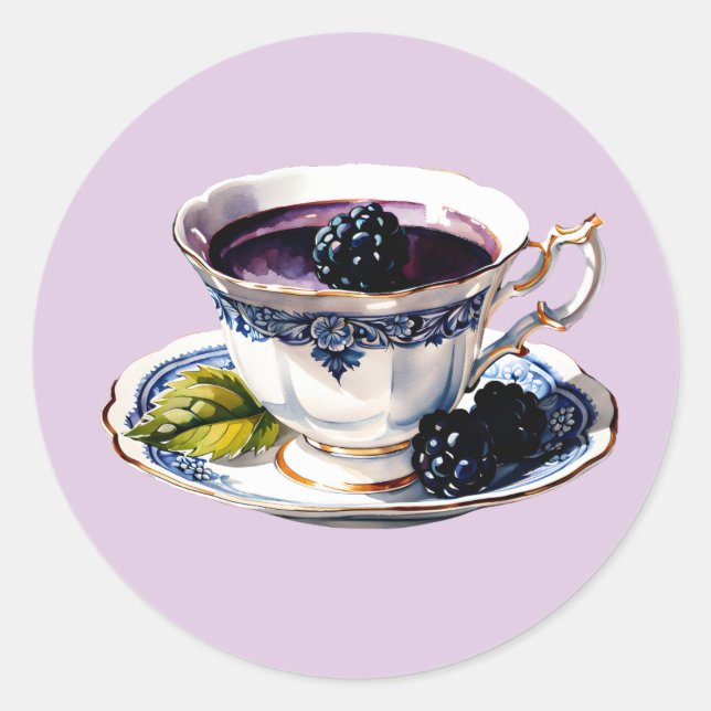  Teacup Pastel Elegance Blackberry & Blooms Classic Round Sticker (Front)