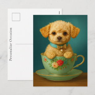 Teacup Poodle Modern Puppy Dog Portrait Roses Art Holiday Postcard