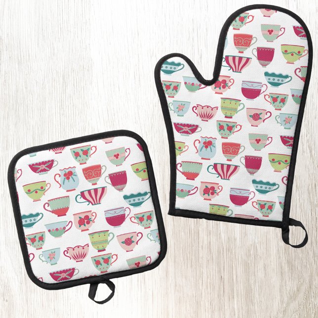Teacup Retro Modern Pattern Oven Mitt & Pot Holder Set (Modern retro teacup pattern kitchen oven glove or mitt and pot holder)