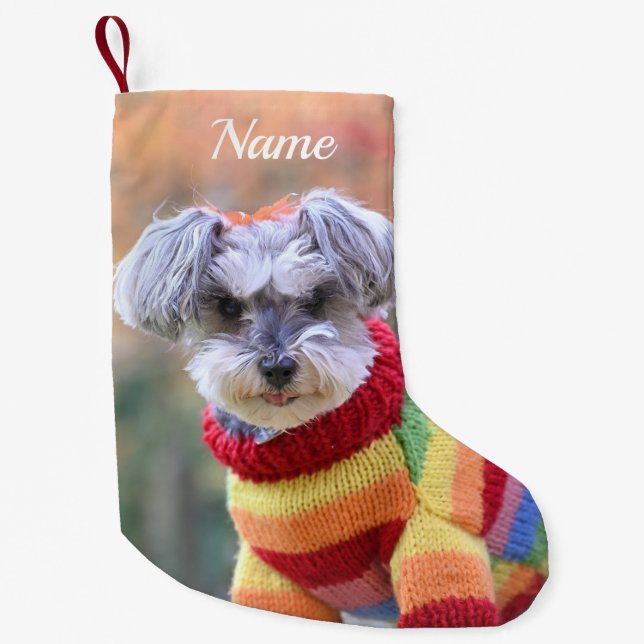 Teacup Schnauzer Puppy Dog in a Sweater Small Christmas Stocking (Front)