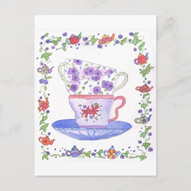 Teacup Stack Tea Time Watercolor Flowers Postcard (Front)