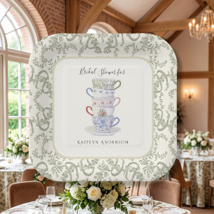 Teacup Stack Vintage Ribbon Sage Green Bridal Tea Paper Plate
