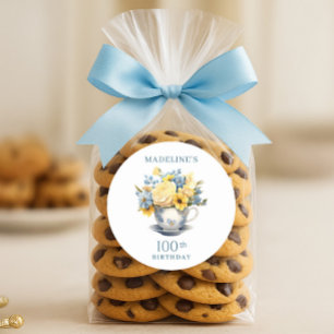 Teacup Yellow Blue Flowers 100th Birthday Classic Round Sticker