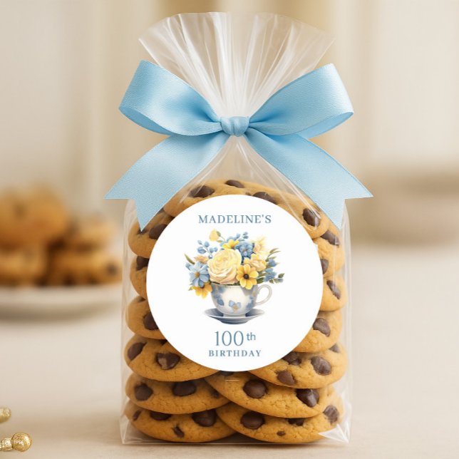 Teacup Yellow Blue Flowers 100th Birthday Classic Round Sticker (Blue teacup and yellow flowers 100th birthday party favor bag sticker)