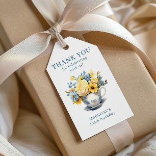 Teacup Yellow Blue Flowers 100th Birthday Gift Tags