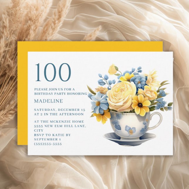 Teacup Yellow Blue Flowers 100th Birthday Invitation (Blue teacup and yellow flowers 100th birthday party invitation)
