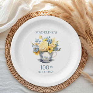 Teacup Yellow Blue Flowers 100th Birthday Paper Plate