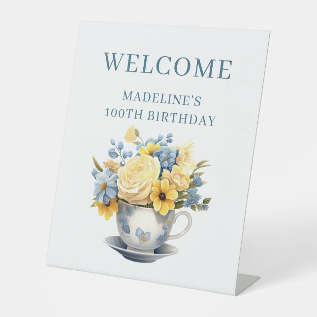 Teacup Yellow Blue Flowers 100th Birthday Welcome Pedestal Sign (Front)