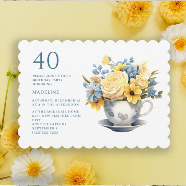 Teacup Yellow Blue Flowers 40th Birthday  Invitation (Yellow and dusty blue watercolor flowers in teacup 40th birthday party invitation)