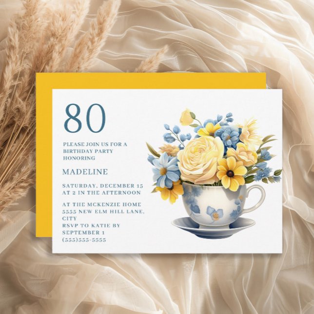 Teacup Yellow Blue Flowers 80th Birthday  Invitation (Blue teacup and yellow flowers 80th birthday invitation)