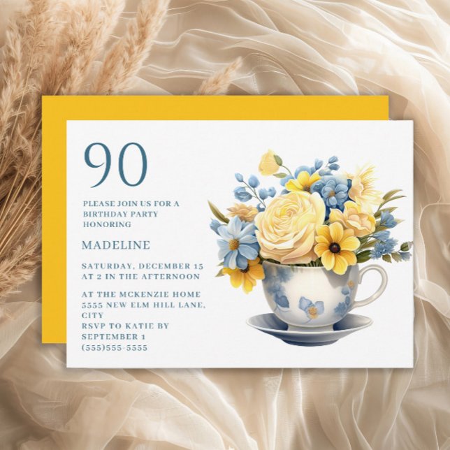 Teacup Yellow Blue Flowers 90th Birthday  Invitation (Blue teacup and yellow flowers 90th birthday party invitation)