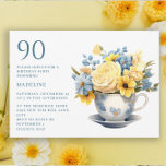 Teacup Yellow Blue Flowers 90th Birthday  Invitation<br><div class="desc">Pretty little teacup with blue and yellow flowers springtime or summer 90th birthday party invitation. This invitation can be purchased printed or as a digital invitation to share with family and friends on social media or through email. Contact me for assistance with your customisations or to request additional matching or...</div>