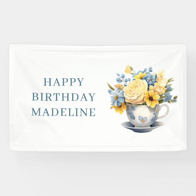 Teacup Yellow Blue Flowers Birthday Banner (Horizontal)