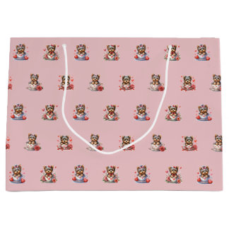 Teacup Yorkie Valentine's Day - Pink Large Gift Bag