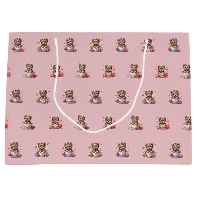 Teacup Yorkie Valentine's Day - Pink Large Gift Bag (Front)