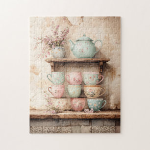 Teacups and Tea Pot Set Rustic Jigsaw Puzzle