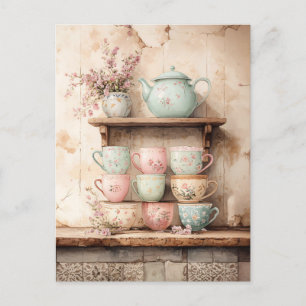 Teacups and Tea Pot Set Rustic Postcard