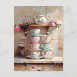 Teacups Tea Pot Set Kitchen Postcard
