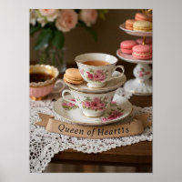 Teacups, tiered trays macarons queen of hearts