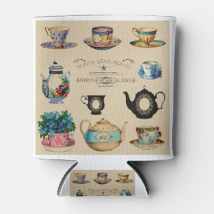 Teacups Vintage Retro Teapot Advertisement Floral. Can Cooler
