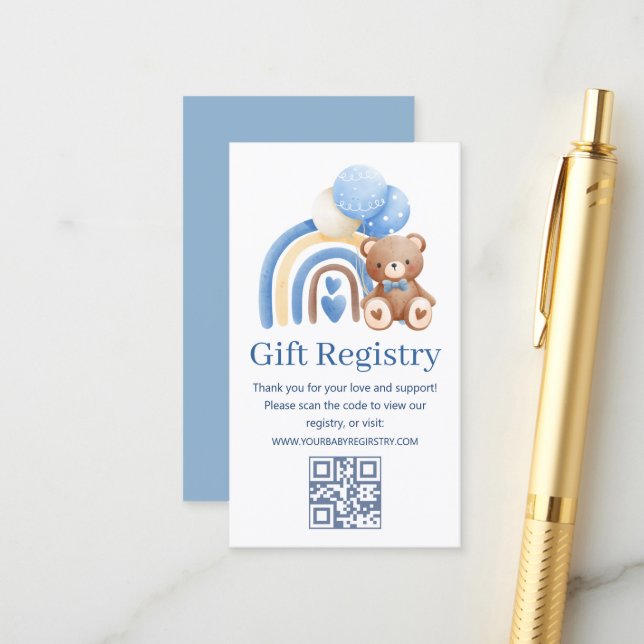 teady bear baby Shower gift registry qr code  Enclosure Card (Front/Back In Situ)