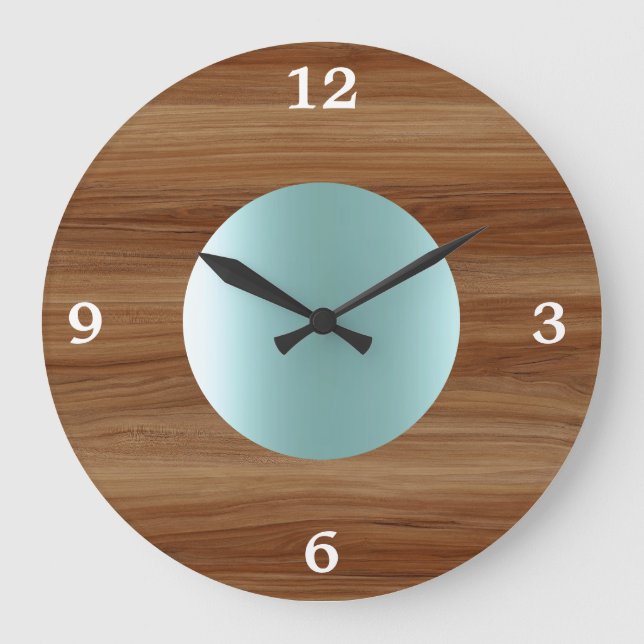 Teak look Aqua Blue modern Large Clock (Front)