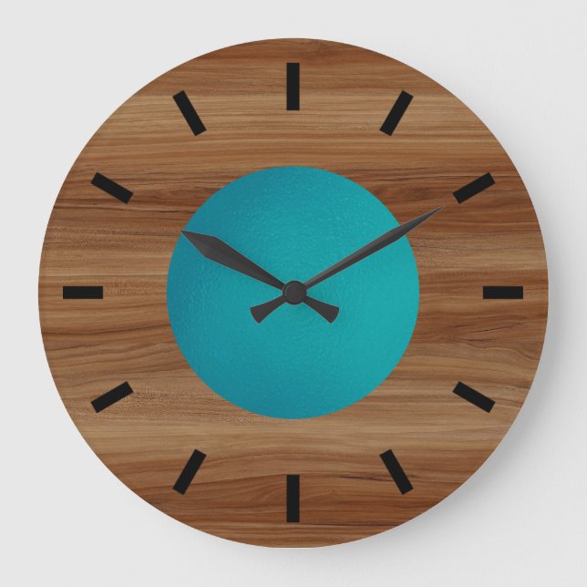Teak look Teal Turquoise Blue modern Large  Large Clock (Front)