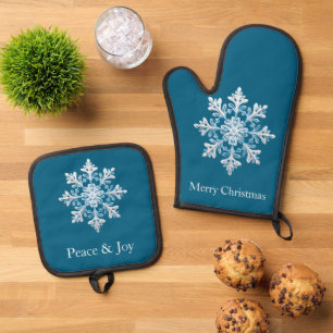 Teak White Light Blue Christmas Snowflake Oven Mitt & Pot Holder Set